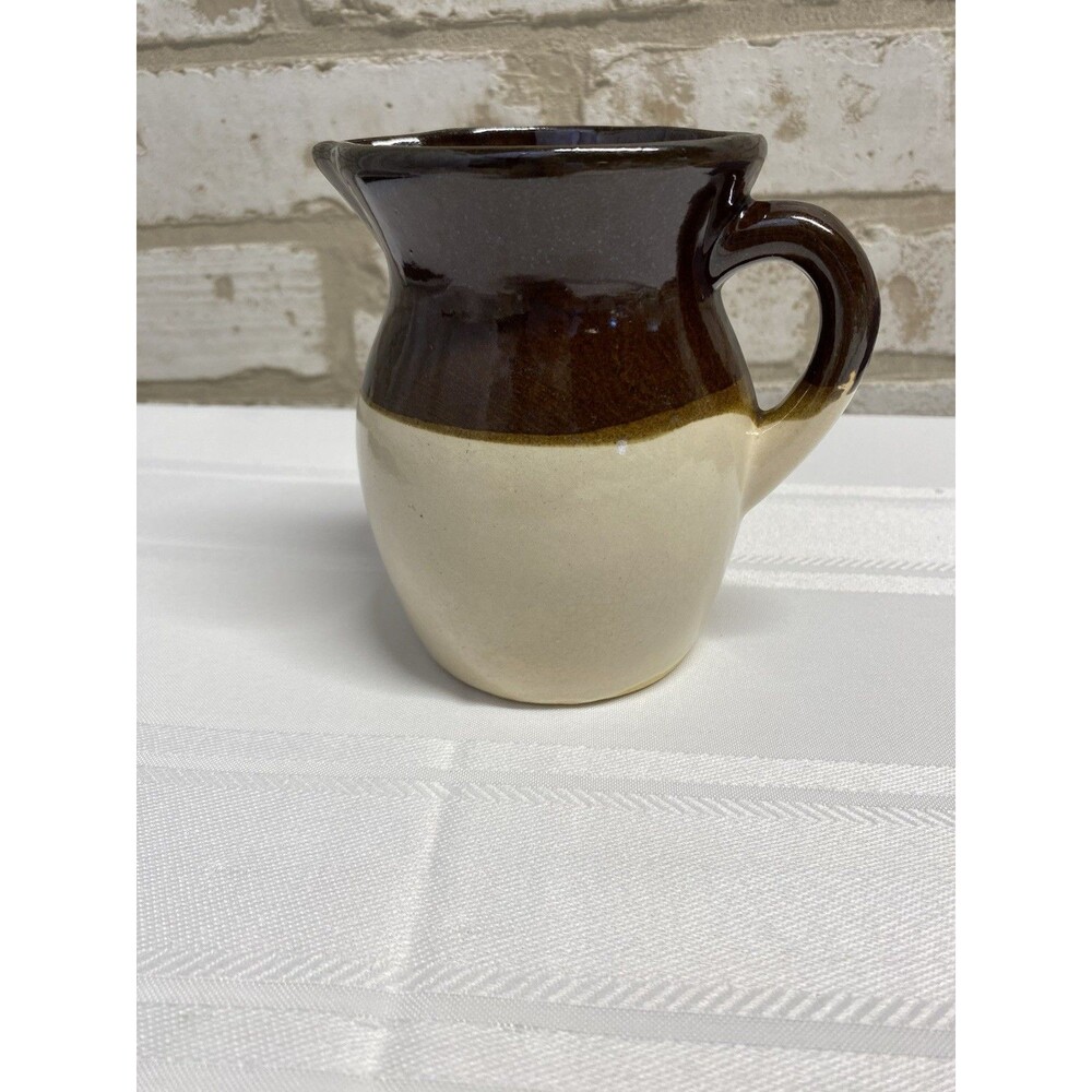 Vintage RRP Co Roseville Ohio Stoneware Pitcher Brown & Cream Crock Creamer USA